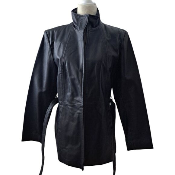 Worthington Women's Black Leather Jacket Belt Long Sleeves Front Zipper Medium - Picture 6 of 8